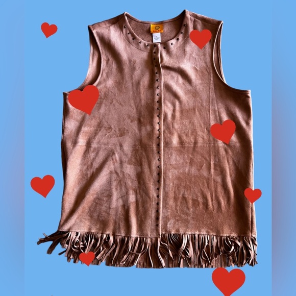 Ruby Rd Suede Fringe Studded tunic Women Brown Faux Open Front Western Regular L - Picture 4 of 16